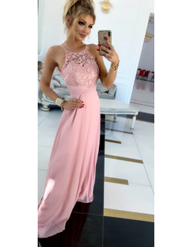 Dolga pudrasta obleka s čipko